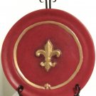 10" Red Ceramic Fleur De Lis Plate/Dish with Metal Scroll Plate Stand