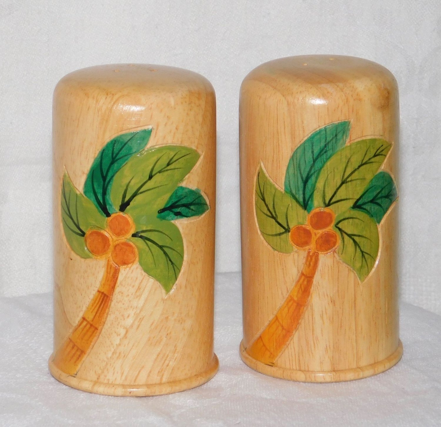 Vintage Hand Painted Coconut Tree Design Wood Salt Pepper Shaker Set by Clay Art