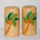 Vintage Hand Painted Coconut Tree Design Wood Salt Pepper Shaker Set by Clay Art