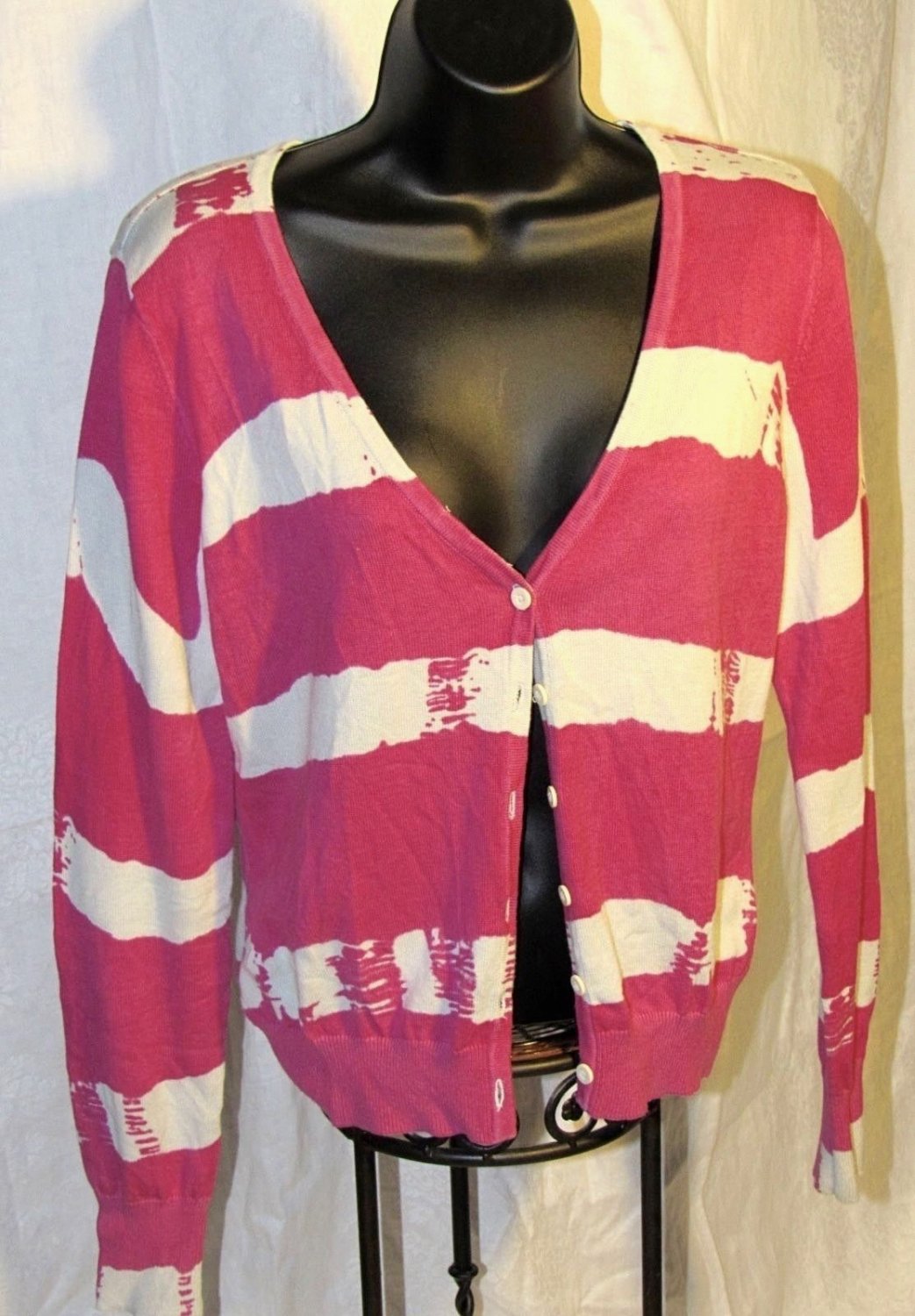 Converse One Star Button Front Pink/Gray Striped Thin Ladies Cardigan Size: M