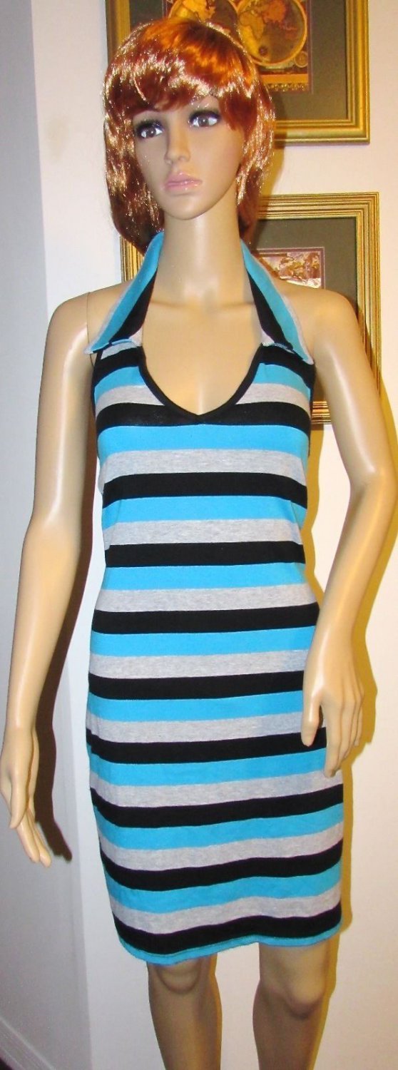 RAG Casual Striped Multi-Color Halter Top Dress with Collar S: L Knee Length