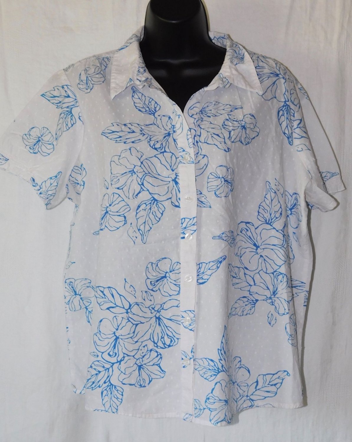 Studio Works White-Blue Floral Swiss Dot Short Sleeve Botton Down Shirt ...