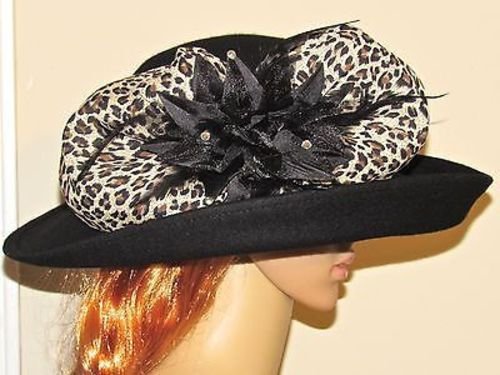 Kakyco Black Wool Felt Tele Crown Leopard Print Bow Band Feather Trim Wide Brim