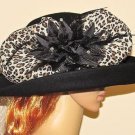 Kakyco Black Wool Felt Tele Crown Leopard Print Bow Band Feather Trim Wide Brim
