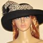 Kakyco Black Wool Felt Tele Crown Leopard Print Bow Band Feather Trim Wide Brim