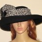 Kakyco Black Wool Felt Tele Crown Leopard Print Bow Band Feather Trim Wide Brim