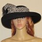 Kakyco Black Wool Felt Tele Crown Leopard Print Bow Band Feather Trim Wide Brim
