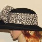 Kakyco Black Wool Felt Tele Crown Leopard Print Bow Band Feather Trim Wide Brim