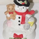 Vintage Flambro Porcelain Snowman w Bear Musical Chrismas Holiday 1989
