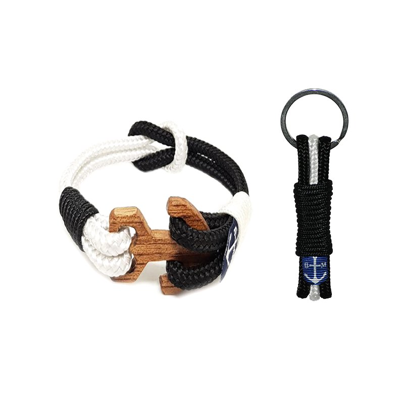 Bran Marion Black and White Wood Nautical Bracelet and Keychain