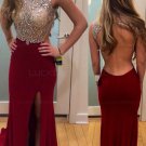 Beaded Backless Long Red Prom Evening Formal Dresses E0170