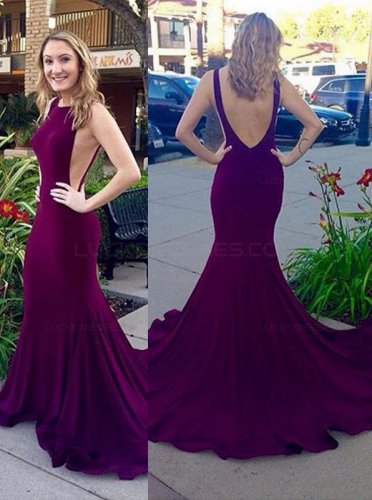 Purple Low V-Back Mermaid Long Prom Evening Formal Dresses E0179