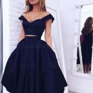 Two Pieces Off-the-Shoulder Navy Blue Bridesmaid Prom Dresses Evening Gowns E0223