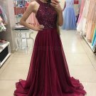 A-Line Burgundy Beaded Chiffon Prom Dresses Party Evening Gowns E0244