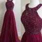 A-Line Burgundy Beaded Chiffon Prom Dresses Party Evening Gowns E0244