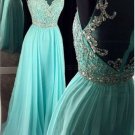 Beaded Illusion Neckline Long Blue Prom Dresses Party Evening Gowns E0255