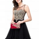 A-Line Illusion Neckline Gold Lace Appliques Short Prom Dresses Party Evening Gowns E0290