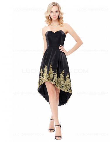 High Low Sweetheart Short Black Gold Lace Appliques Prom Dresses Party Evening Gowns E0291
