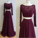Two Pieces Long Sleeves Lace Chiffon Prom Dresses Party Evening Gowns E0324