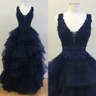 Long Navy V-Neck Lace Prom Dresses Party Evening Gowns E0338