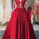 Long Red Long Sleeves Lace Satin Off-the-Shoulder Prom Dresses Party Evening Gowns E0362
