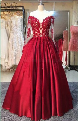 Long Red Long Sleeves Lace Satin Off-the-Shoulder Prom Dresses Party Evening Gowns E0362