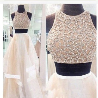 Two Pieces Beaded Sequins Prom Dresses Party Evening Gowns E0364