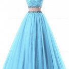 Two Pieces Beaded Lace Appliques Long Blue Prom Dresses Party Evening Gowns E0380