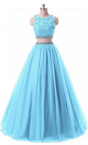 Two Pieces Beaded Lace Appliques Long Blue Prom Dresses Party Evening Gowns E0380