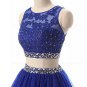 Two Pieces Beaded Lace Appliques Long Blue Prom Dresses Party Evening Gowns E0380