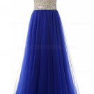 A-Line Long Blue Beaded Sequins Tulle Prom Dresses Party Evening Gowns E0381