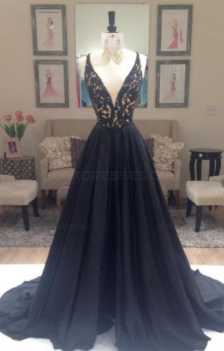 A-Line Long Black Lace V-Neck Prom Dresses Party Evening Gowns E0384