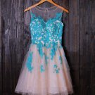 Short Illusion Neckline Blue Lace Appliques Homecoming Cocktail Prom Dresses E0385