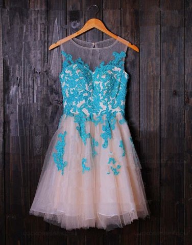 Short Illusion Neckline Blue Lace Appliques Homecoming Cocktail Prom Dresses E0385