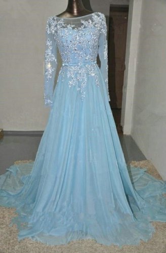 A-Line Long Sleeves Illusion Neckline Lace Beaded Prom Dresses Party Evening Gowns E0394