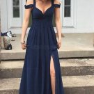 Long Navy Chiffon Side Slit Prom Dresses Party Evening Gowns E0442