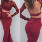 Long Sleeves Lace Mermaid Two Pieces Open Back Prom Dresses Party Evening Gowns E0469