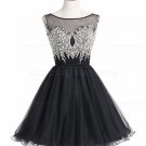 Short/Mini Illusion Neckline Beaded Black Homecoming Cocktail Prom Dresses E0523