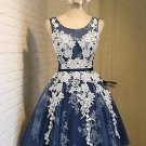 Short Blue Tulle White Lace Appliques Homecoming Cocktail Prom Dresses E0527