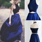 Chic Two Pieces Halter Sleeveless Royal Blue Floor-Length Prom Dresses E0553