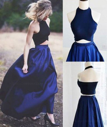 Chic Two Pieces Halter Sleeveless Royal Blue Floor-Length Prom Dresses E0553