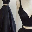 A-Line Two Pieces Simple Long Black Prom Dresses E0554