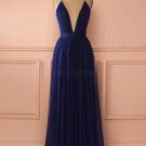 Sexy Long Blue Low V-Neck Simple Tulle Prom Party Dresses E0562