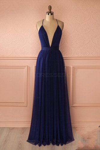Sexy Long Blue Low V-Neck Simple Tulle Prom Party Dresses E0562