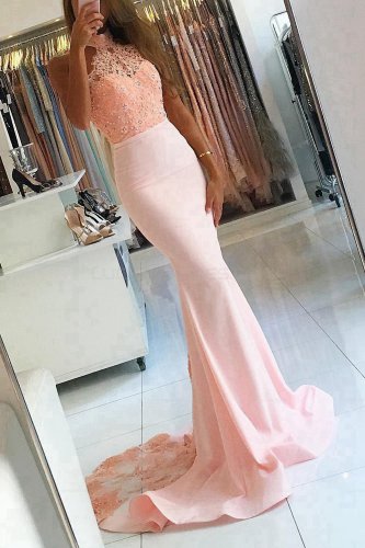 Elegant Mermaid Halter Lace Long Pink Prom Evening Dresses E0563
