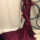Sexy Mermaid Long Sleeves Prom Evening Dresses with Gold Lace Appliques E0565
