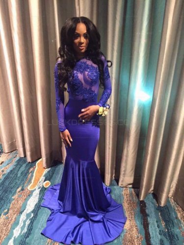 Long Blue Mermaid Lace Long Sleeves Prom Evening Dresses E0570