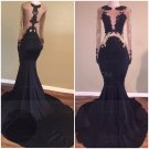 Mermaid Long Black High Neck Prom Evening Dresses with Gold Lace Appliques E0573