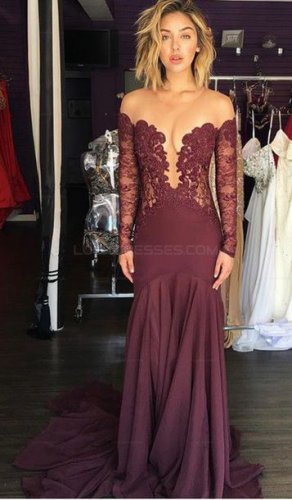 Sexy Lace Long Sleeves Illusion Neckline Long Prom Evening Dresses E0582