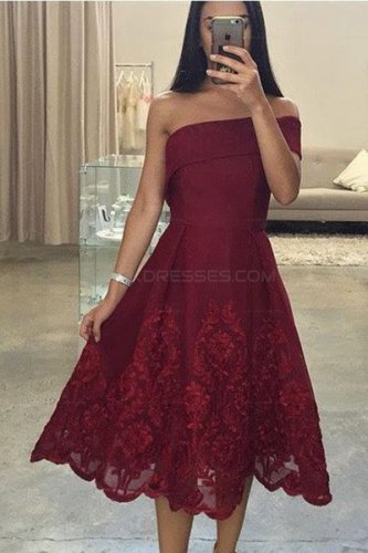 Tea Length Lace Burgundy Prom Evening Dresses E0585